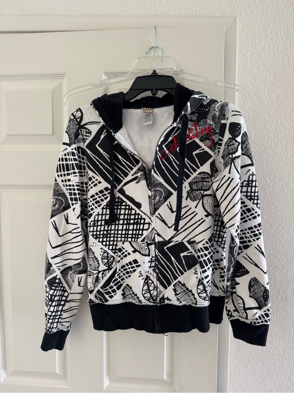 Billabong Black and White Graphic Hooded Zip Jacket with Red Accent